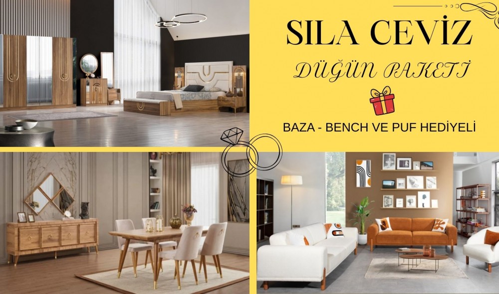 Sıla Ceviz Düğün Paketi Baza, Bench, Boy Aynası Ve Puf Hediye
