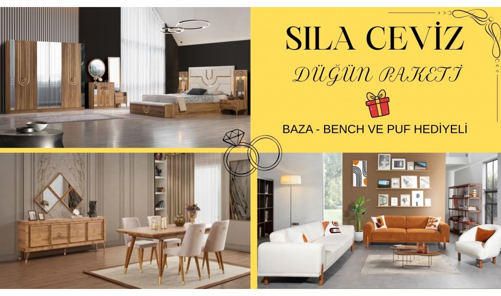 Sıla Ceviz Düğün Paketi Baza, Bench, Boy Aynası Ve Puf Hediye