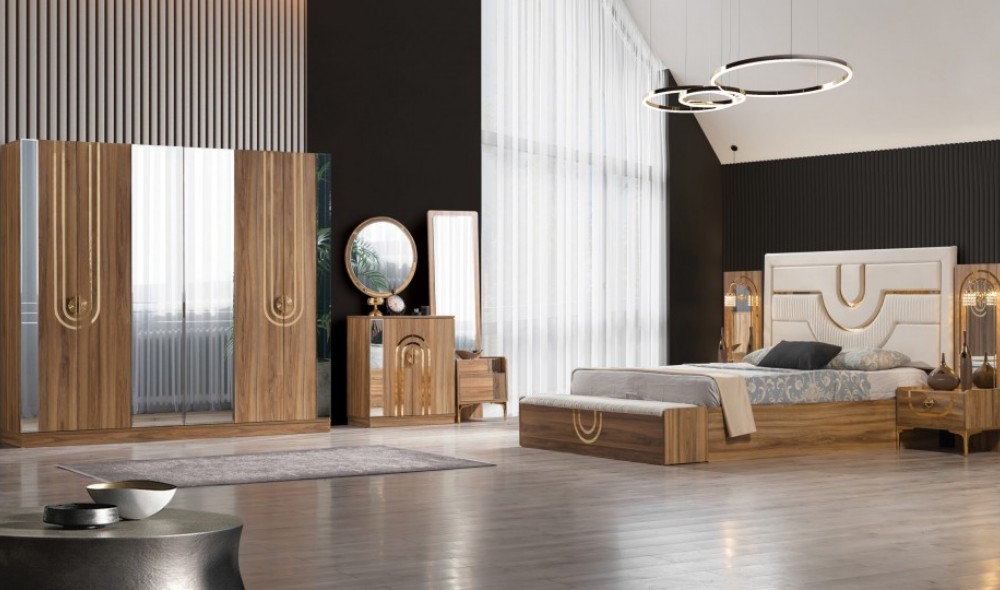 Sıla Ceviz Yatak Odası Baza, Bench, Boy Aynası Ve Puf Hediye