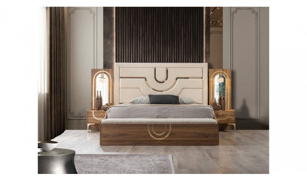 Sıla Ceviz Yatak Odası Baza, Bench, Boy Aynası Ve Puf Hediye