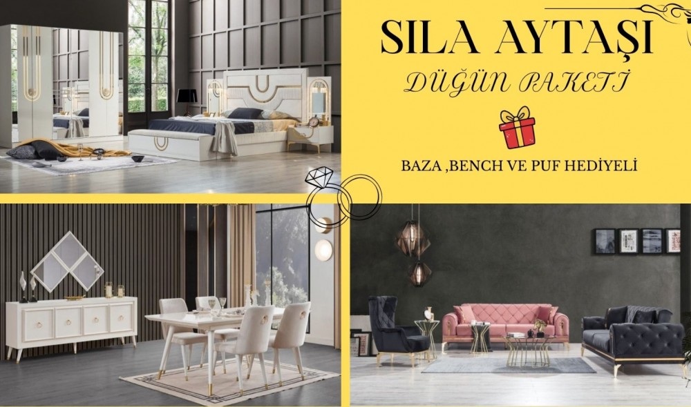Sıla Düğün Paketi Baza, Bench, Boy Aynası Ve Puf Hediye