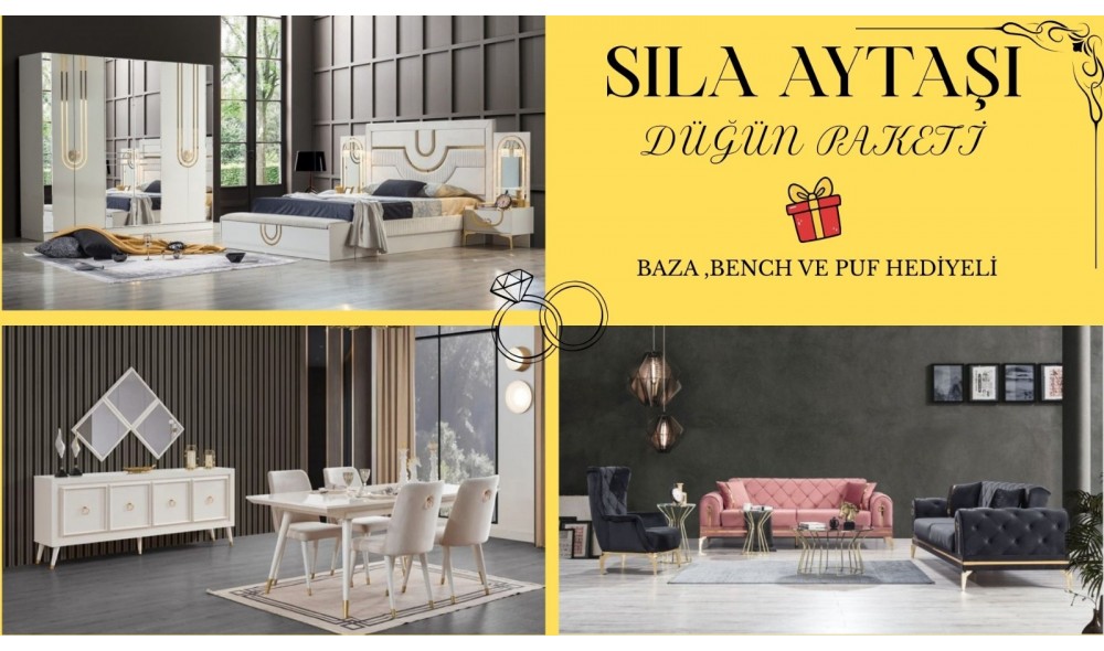 Sıla Düğün Paketi Baza, Bench, Boy Aynası Ve Puf Hediye
