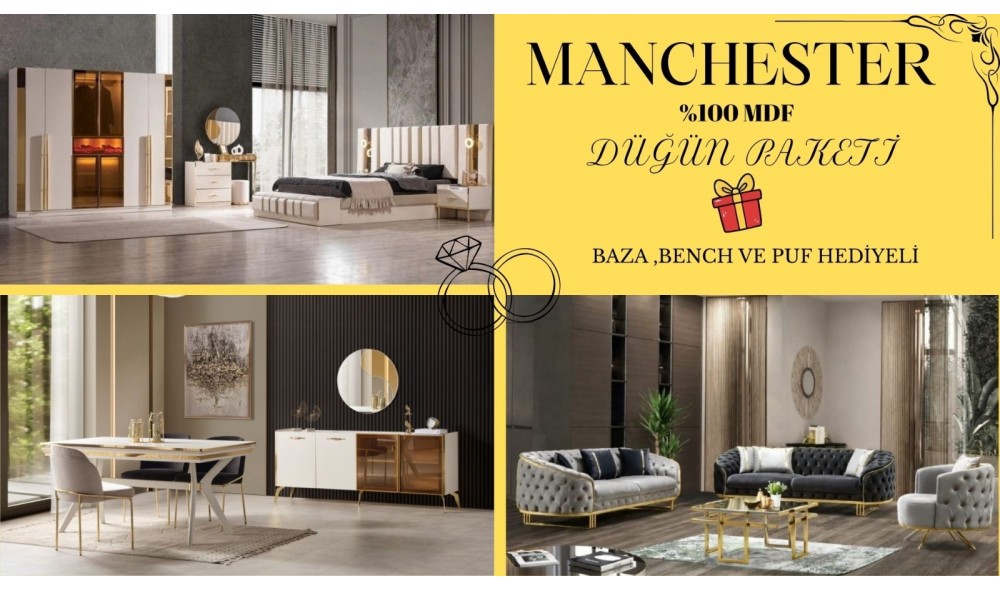 MANCHESTER DÜĞÜN PAKETİ %100 MDF ( Baza , benç ve puf hediyelidir )